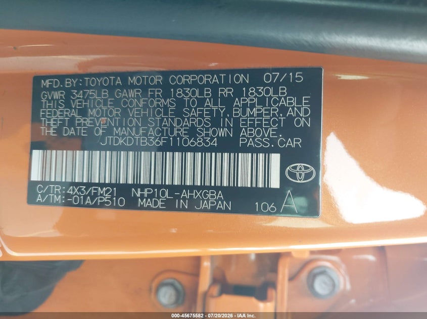 2015 Toyota Prius C Three VIN: JTDKDTB36F1106834 Lot: 45675582