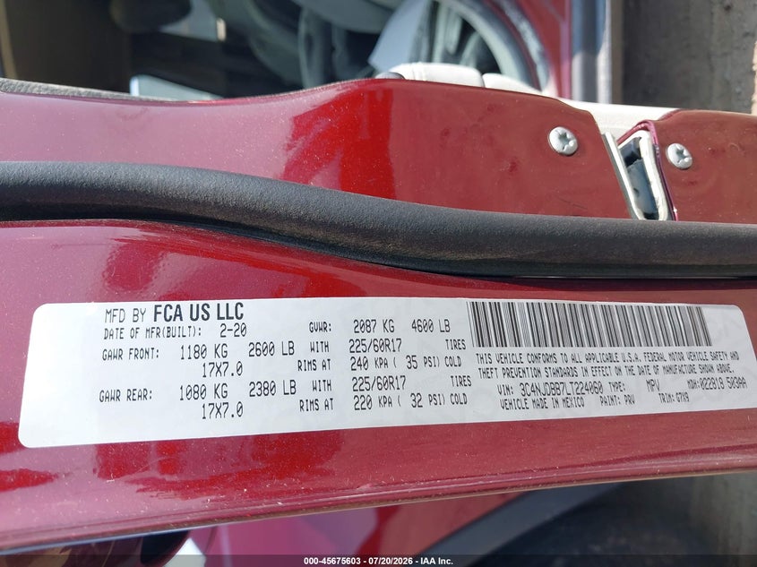 2020 Jeep Compass Latitude 4X4 VIN: 3C4NJDBB7LT224060 Lot: 45675603