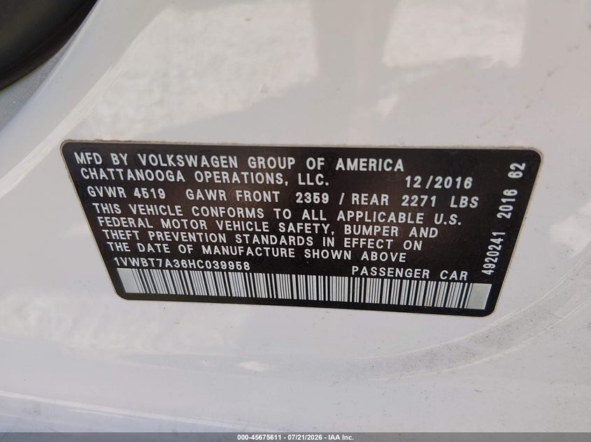 2017 Volkswagen Passat 1.8T Se VIN: 1VWBT7A36HC039958 Lot: 45675611