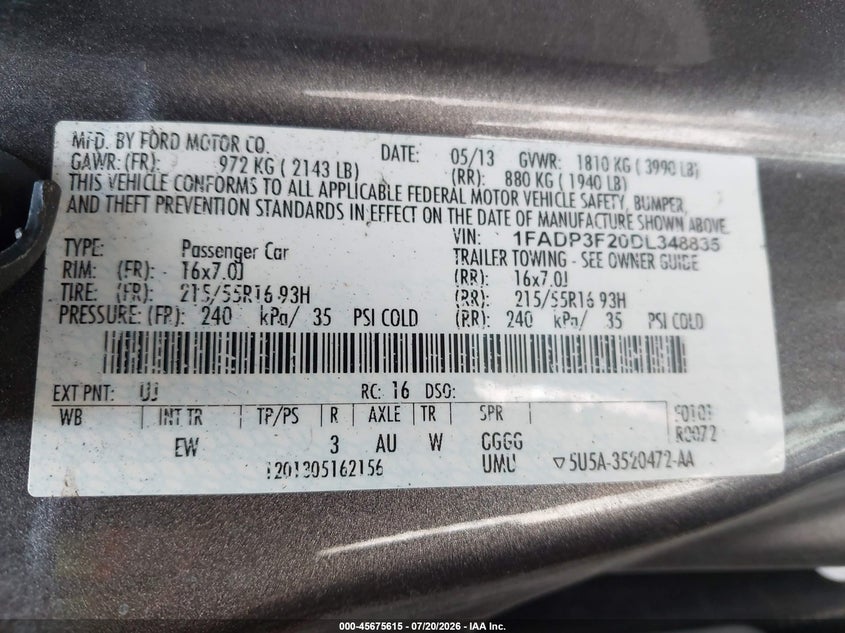 2013 Ford Focus Se VIN: 1FADP3F20DL348835 Lot: 45675615