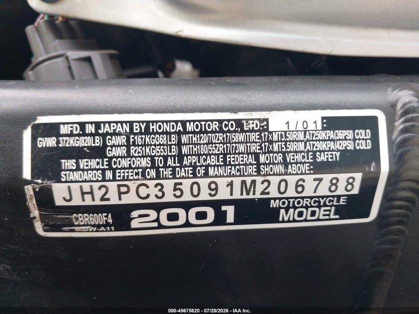 2001 Honda Cbr600 F4 VIN: JH2PC35091M206788 Lot: 45675620