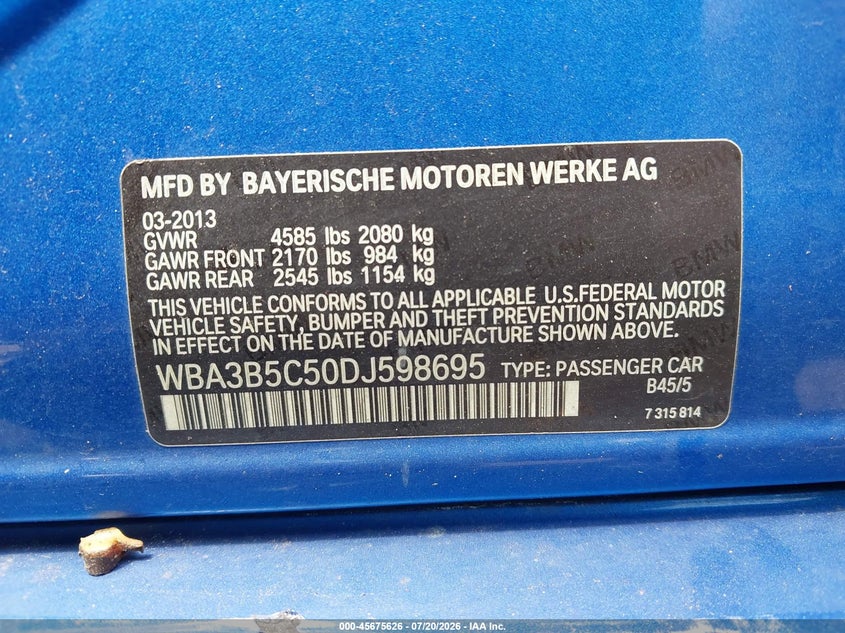 2013 BMW 328I xDrive VIN: WBA3B5C50DJ598695 Lot: 45675626
