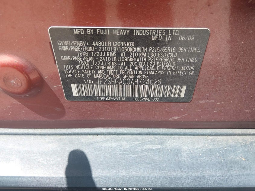 2010 Subaru Forester 2.5X VIN: JF2SH6AC0AH724028 Lot: 45675642