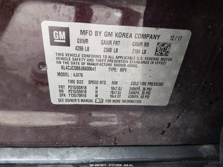 2018 Buick Encore Essence VIN: KL4CJCSB9JB600641 Lot: 45675672