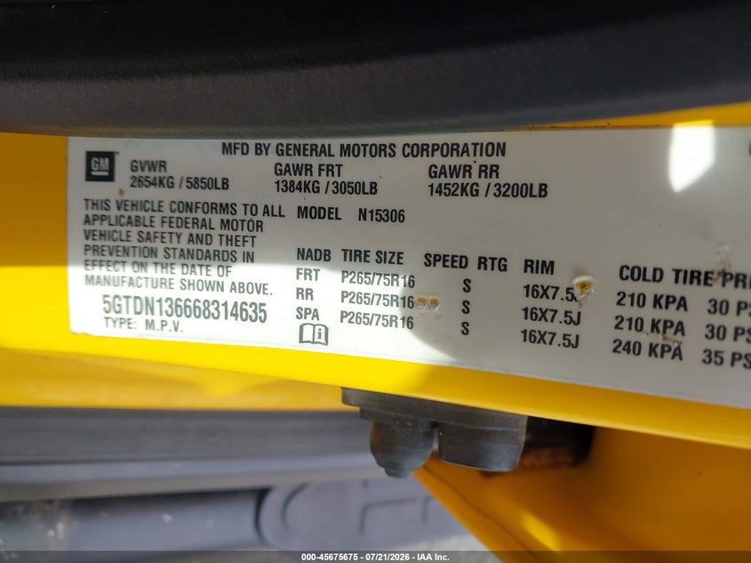 2006 Hummer H3 Suv VIN: 5GTDN136668314635 Lot: 45675675