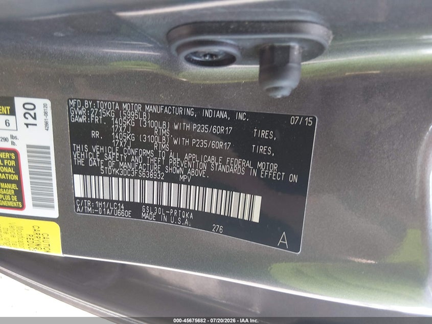 2015 Toyota Sienna Xle Premium 8 Passenger VIN: 5TDYK3DC3FS638932 Lot: 45675682