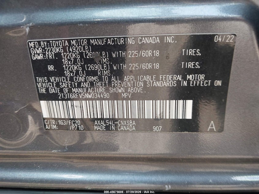 2022 Toyota Rav4 Hybrid Se VIN: 2T3T6RFV5NW034490 Lot: 45675686