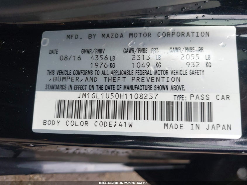 2017 Mazda Mazda6 Sport VIN: JM1GL1U50H1108237 Lot: 45675698