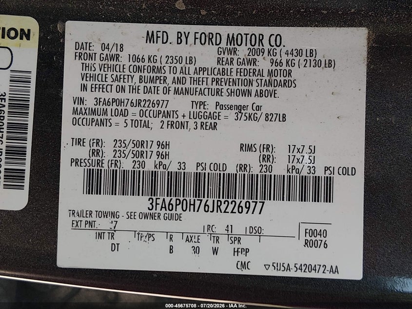 2018 Ford Fusion Se VIN: 3FA6P0H76JR226977 Lot: 45675708
