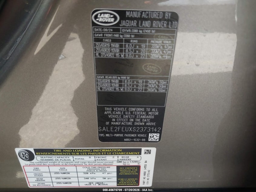 2025 Land Rover Defender 130 P400 X-Dynamic Se VIN: SALE2FEUXS2373142 Lot: 45675709