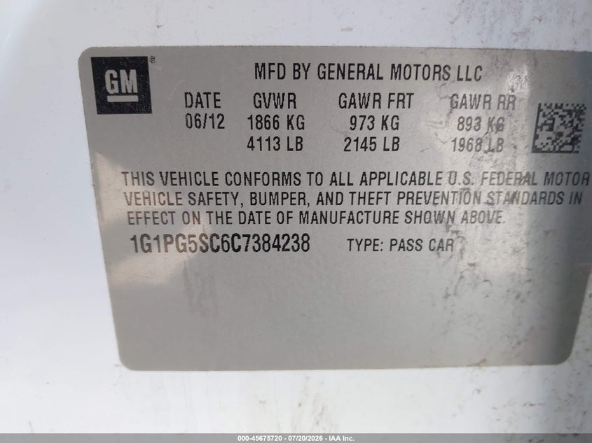 2012 Chevrolet Cruze 2Lt VIN: 1G1PG5SC6C7384238 Lot: 45675720