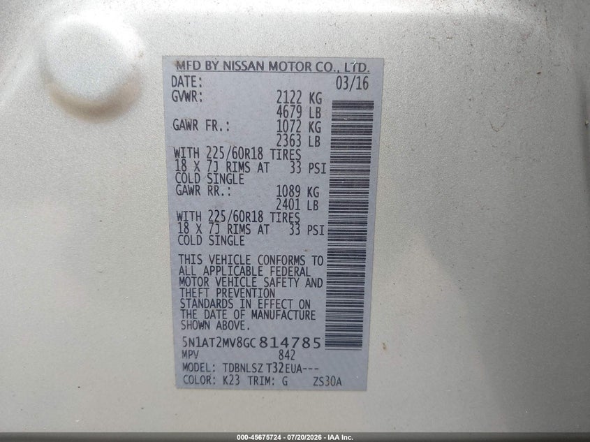 2016 Nissan Rogue S/Sl/Sv VIN: 5N1AT2MV8GC814785 Lot: 45675724
