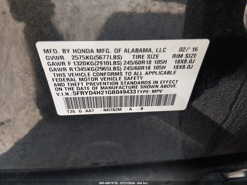 2016 Acura Mdx Acurawatch Plus Package VIN: 5FRYD4H21GB049433 Lot: 45675728