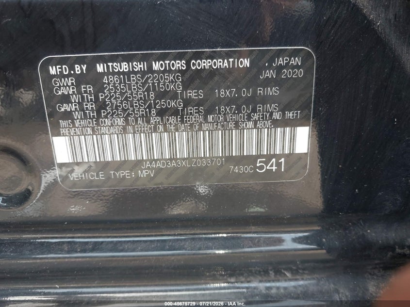 2020 Mitsubishi Outlander VIN: JA4AD3A3XLZ033701 Lot: 45675729