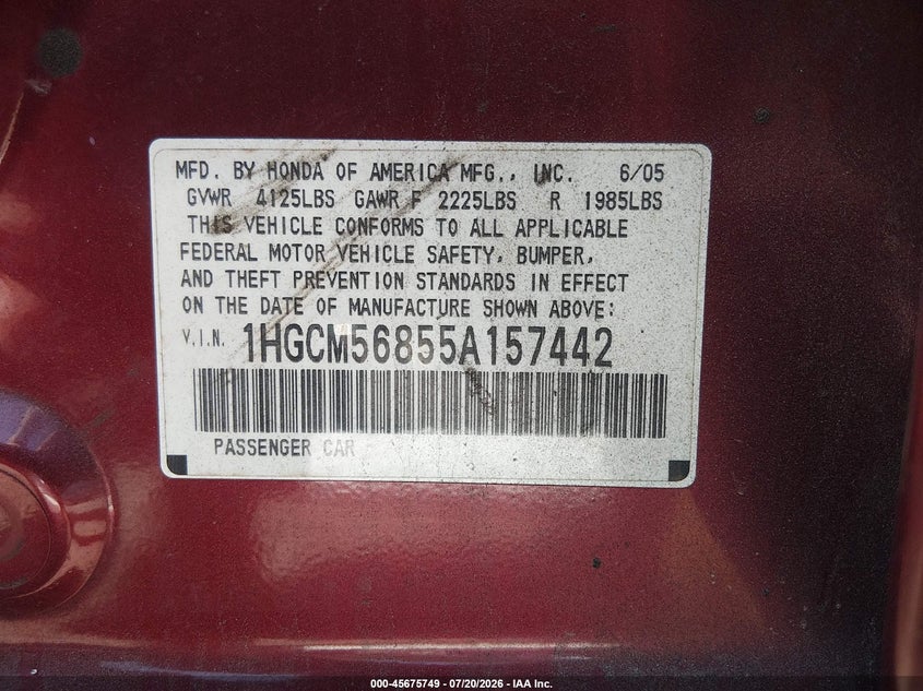 2005 Honda Accord 2.4 Ex VIN: 1HGCM56855A157442 Lot: 45675749