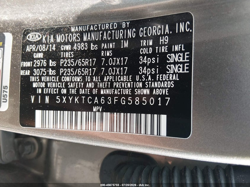 2015 Kia Sorento Lx VIN: 5XYKTCA63FG585017 Lot: 45675755