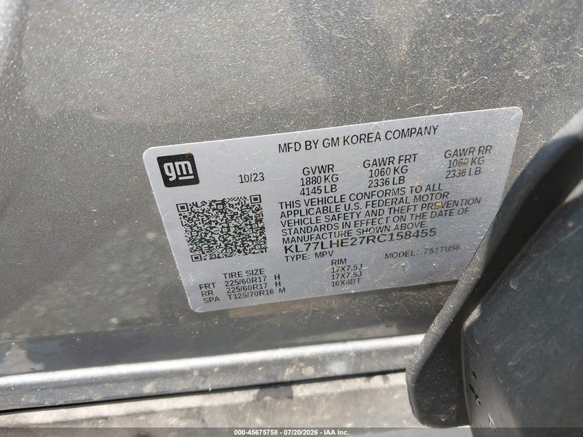 2024 Chevrolet Trax Fwd Lt VIN: KL77LHE27RC158455 Lot: 45675758