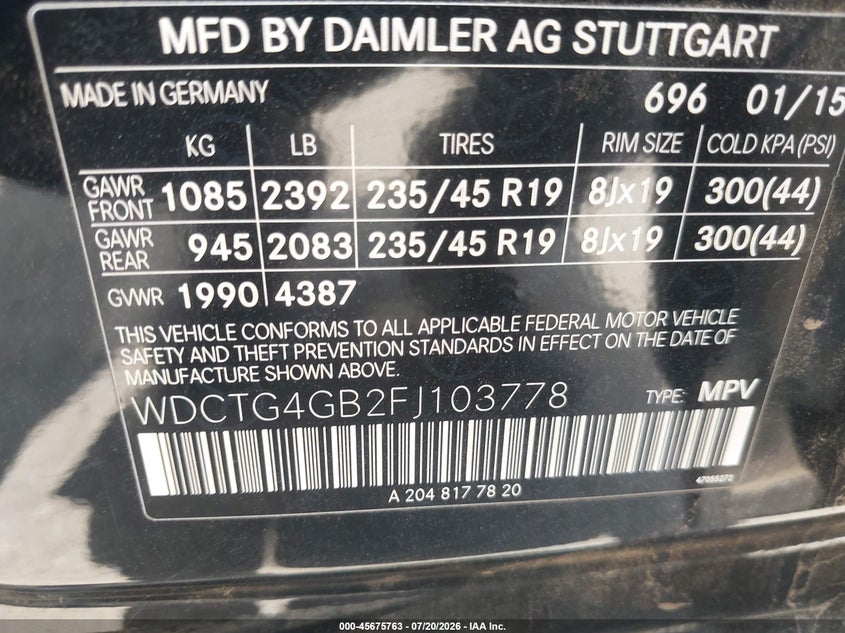 2015 Mercedes-Benz Gla 250 4Matic VIN: WDCTG4GB2FJ103778 Lot: 45675763