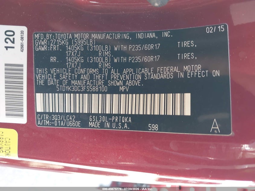 2015 Toyota Sienna Xle 8 Passenger VIN: 5TDYK3DC3FS588100 Lot: 45675776