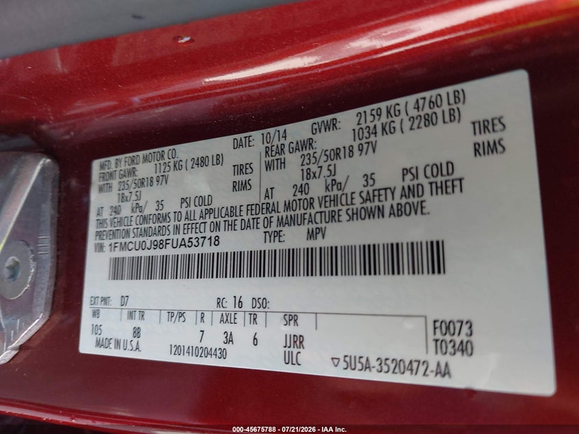 2015 Ford Escape Titanium VIN: 1FMCU0J98FUA53718 Lot: 45675788