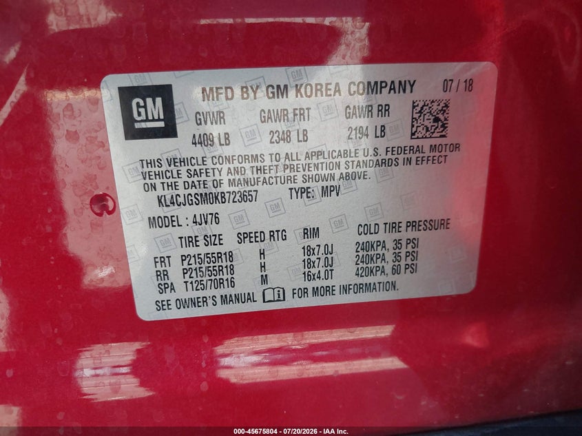 2019 Buick Encore Awd Essence VIN: KL4CJGSM0KB723657 Lot: 45675804