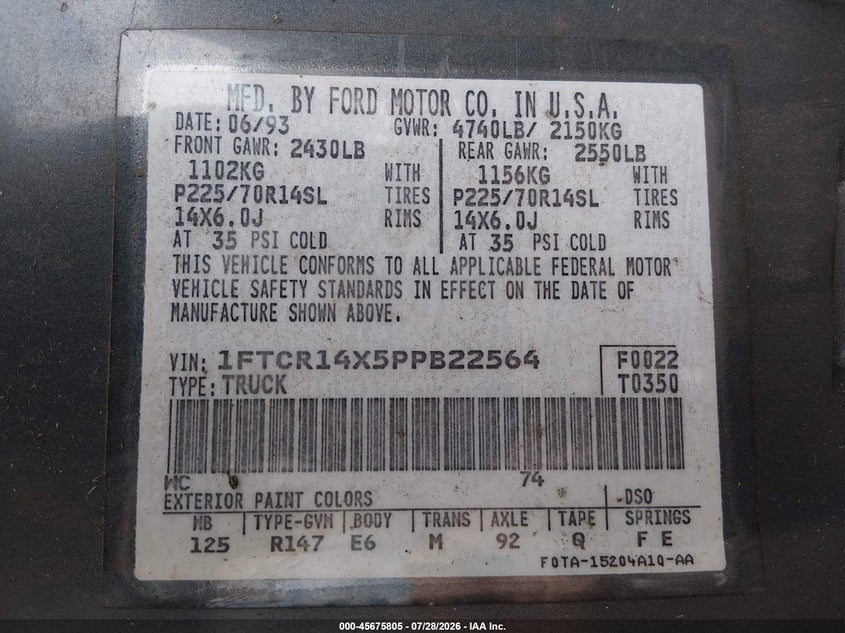 1993 FORD RANGER COUPE 4.0L V6 FI F