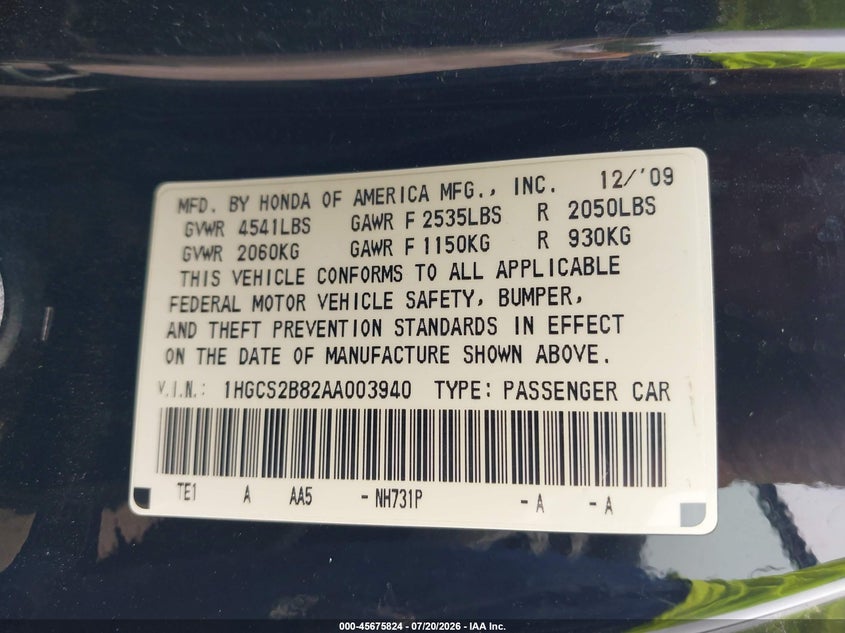 2010 Honda Accord 3.5 Ex-L VIN: 1HGCS2B82AA003940 Lot: 45675824