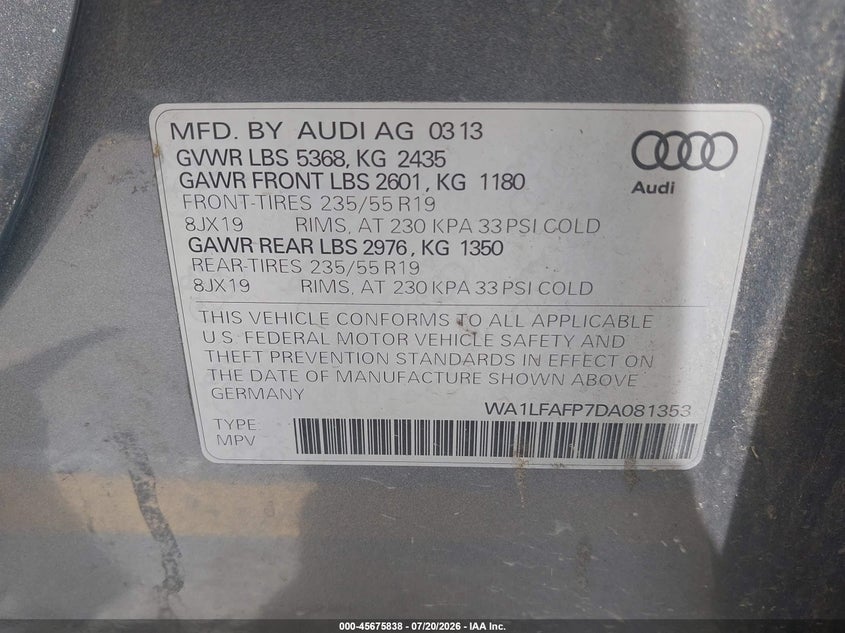 2013 Audi Q5 2.0T Premium VIN: WA1LFAFP7DA081353 Lot: 45675838