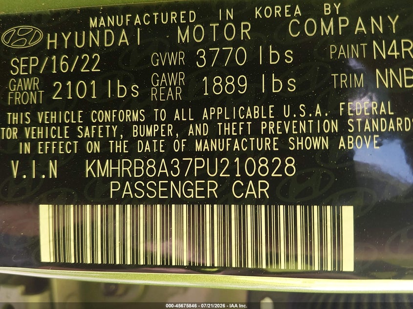 2023 Hyundai Venue Se VIN: KMHRB8A37PU210828 Lot: 45675846