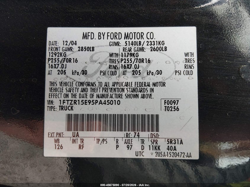 2005 Ford Ranger Edge/Xl/Xlt VIN: 1FTZR15E95PA45010 Lot: 45675890