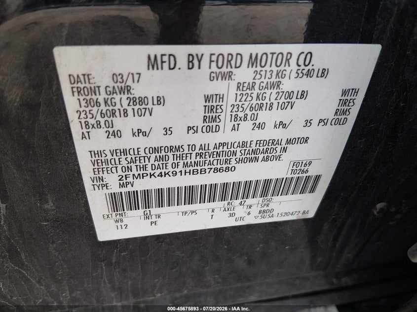 2017 Ford Edge Titanium VIN: 2FMPK4K91HBB78680 Lot: 45675893