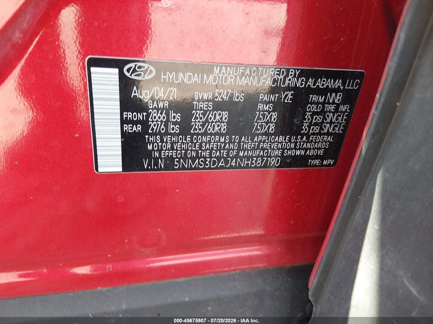 2022 Hyundai Santa Fe Sel VIN: 5NMS3DAJ4NH387190 Lot: 45675907