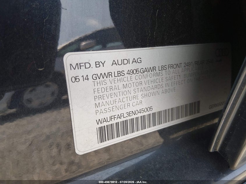 2014 Audi A4 2.0T Premium VIN: WAUFFAFL3EN045005 Lot: 45675910