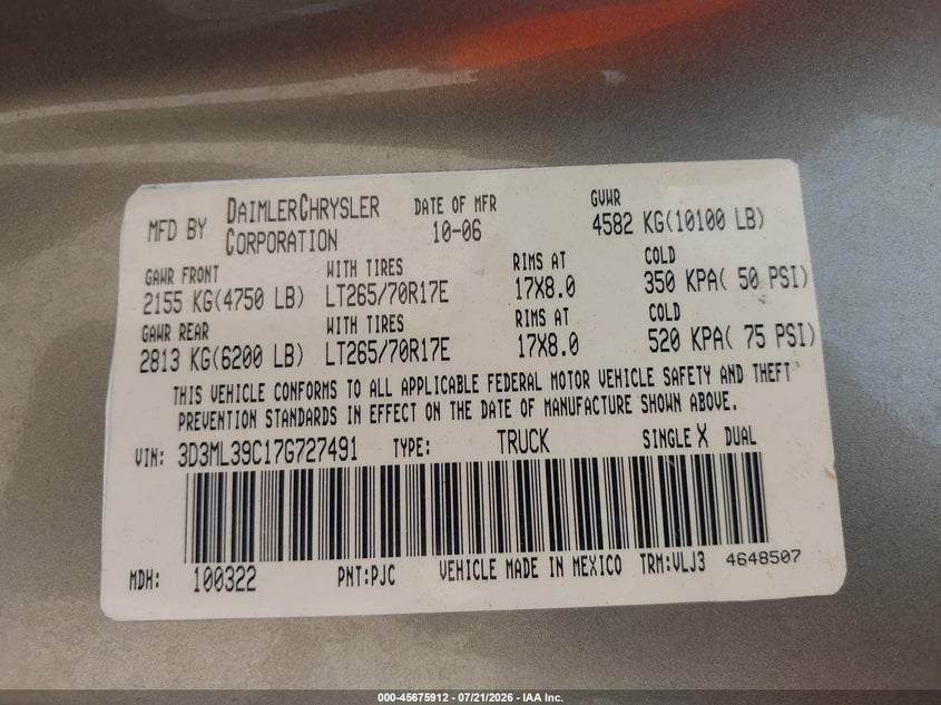 2007 Dodge Ram 3500 Laramie VIN: 3D3ML39C17G727491 Lot: 45675912