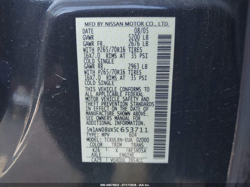 2005 Nissan Xterra S VIN: 5N1AN08UX5C653711 Lot: 45675922
