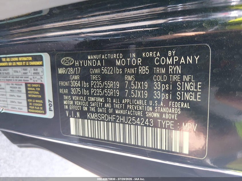 2017 Hyundai Santa Fe Limited Ultimate VIN: KM8SRDHF2HU254243 Lot: 45675930