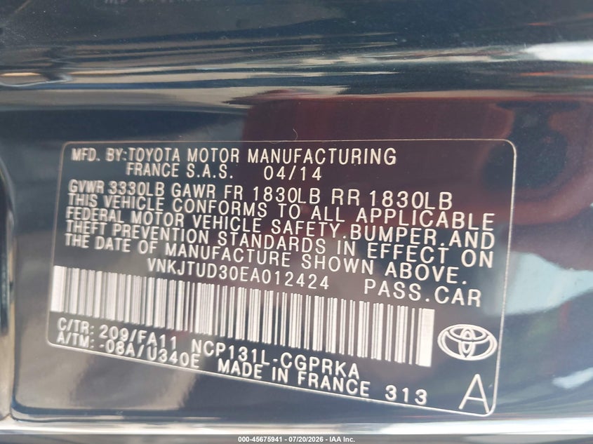 2014 Toyota Yaris L (Tmmf Plant) VIN: VNKJTUD30EA012424 Lot: 45675941