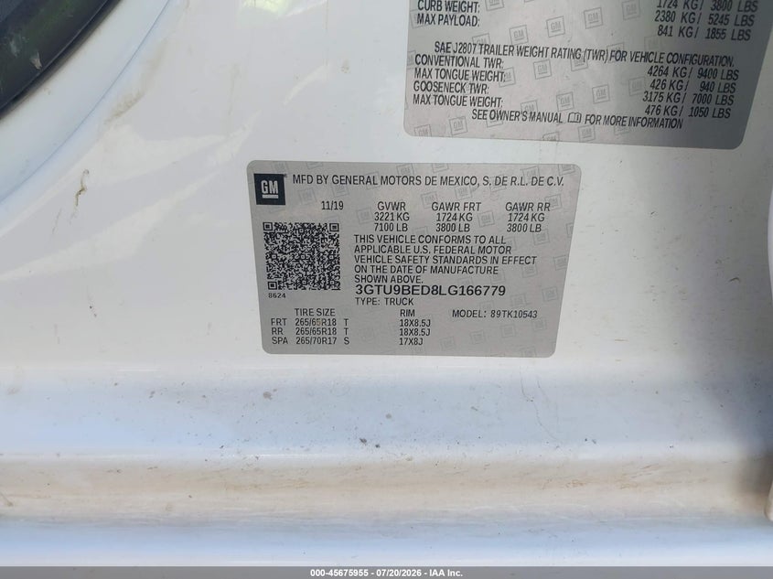 2020 GMC Sierra 1500 4Wd Short Box Sle VIN: 3GTU9BED8LG166779 Lot: 45675955