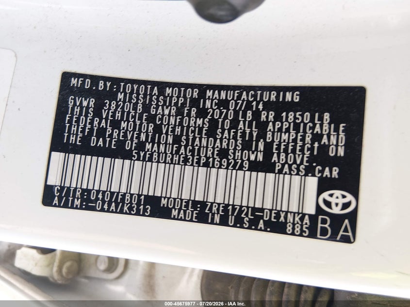 2014 Toyota Corolla Le VIN: 5YFBURHE3EP169279 Lot: 45675977