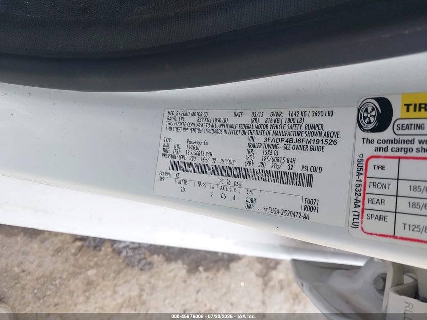 2015 Ford Fiesta Se VIN: 3FADP4BJ6FM191526 Lot: 45676008