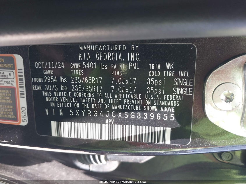 2025 Kia Sorento Lx VIN: 5XYRG4JCXSG339655 Lot: 45676010