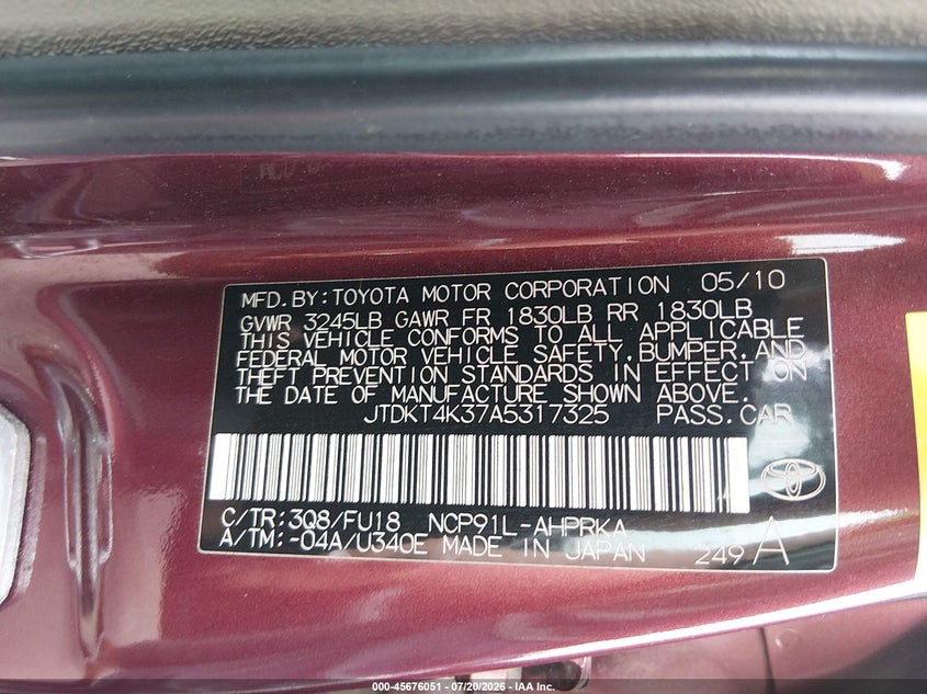 2010 Toyota Yaris VIN: JTDKT4K37A5317325 Lot: 45676051