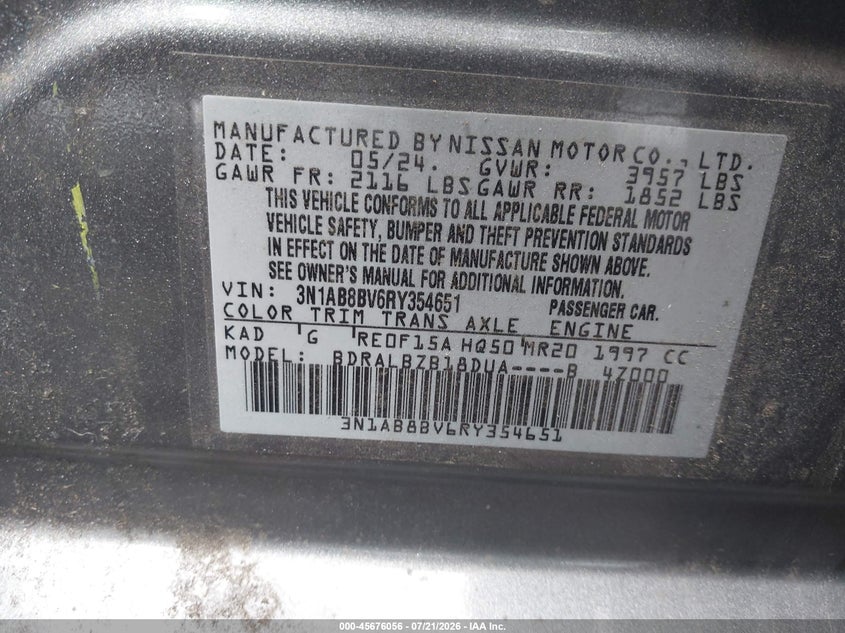 2024 Nissan Sentra S Xtronic Cvt VIN: 3N1AB8BV6RY354651 Lot: 45676056
