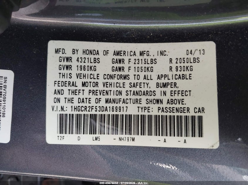 2013 Honda Accord Sport VIN: 1HGCR2F53DA169917 Lot: 45676058