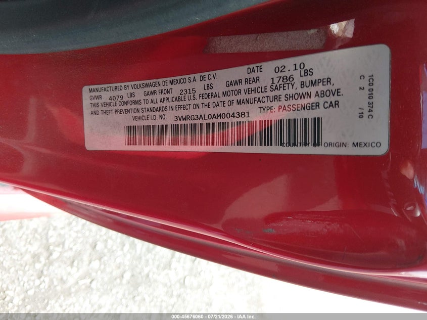 2010 Volkswagen New Beetle 2.5L VIN: 3VWRG3AL0AM004381 Lot: 45676060