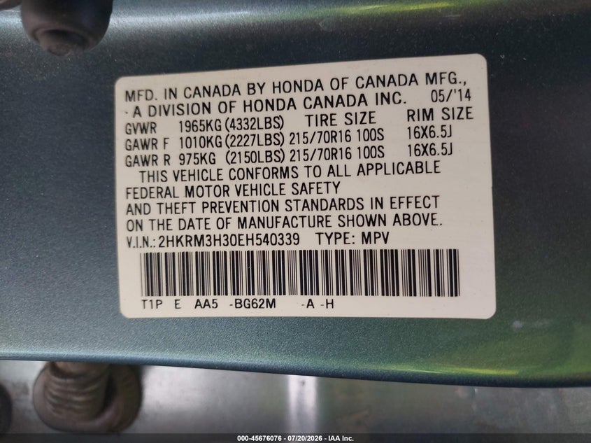 2014 Honda Cr-V Lx VIN: 2HKRM3H30EH540339 Lot: 45676076