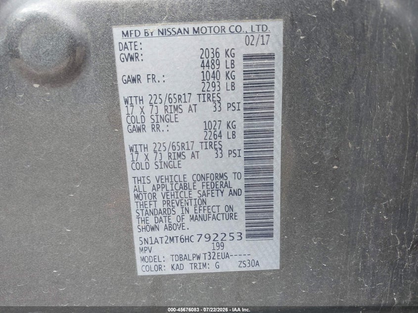 NISSAN ROGUE 2017 VIN 5N1AT2MT6HC792253