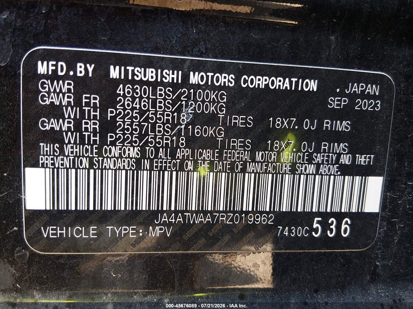 2024 Mitsubishi Eclipse Cross Se S-Awc VIN: JA4ATWAA7RZ019962 Lot: 45676089