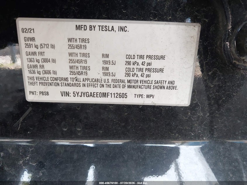 2021 Tesla Model Y Long Range Dual Motor All-Wheel Drive VIN: 5YJYGAEE0MF112605 Lot: 45676100