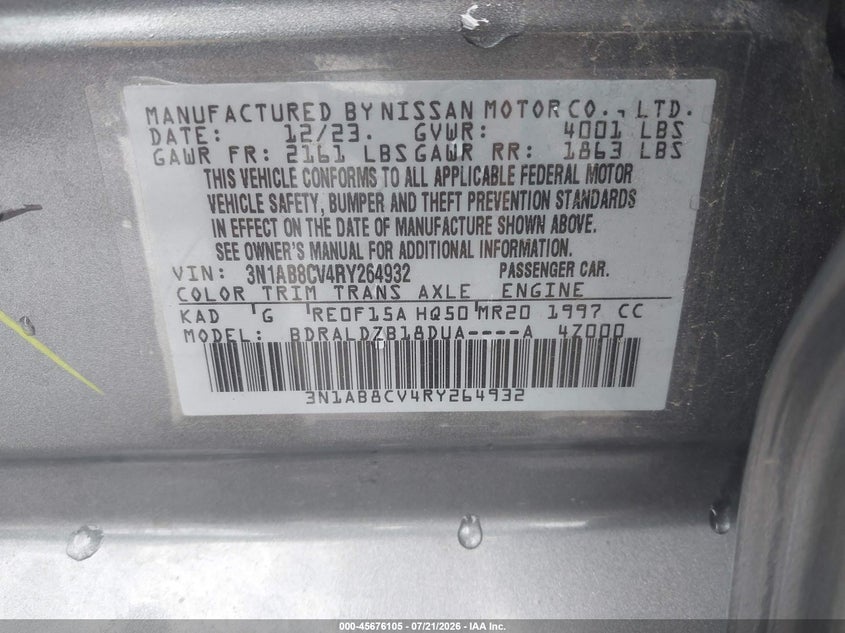 2024 Nissan Sentra Sv Xtronic Cvt VIN: 3N1AB8CV4RY264932 Lot: 45676105